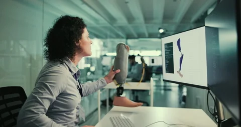 Lab, development and woman at computer screen with prosthetic leg, coding and 3d Stock Footage 283588414