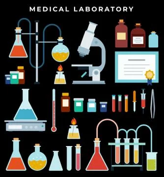 Lab Equipment. Laboratory microscope, flasks heating system, molecule structure Stock Illustration