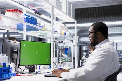 Lab expert doing genetics study, checking analysis results on mockup computer Foto stock