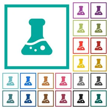 Lab flask with liquid solid flat color icons with quadrant frames 스톡 일러스트