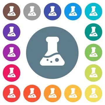 Lab flask with liquid solid flat white icons on round color backgrounds 库存插图