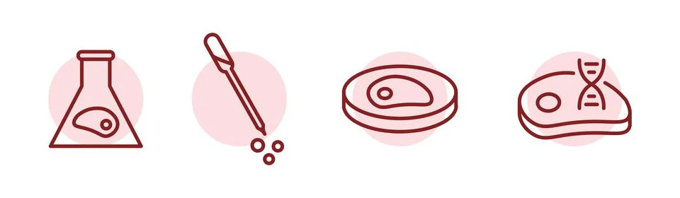 Lab grown meat vector icon set, cultured beef illustrations, cellular farm Stock Illustration