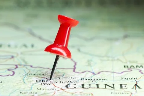 Lab, Guinea pin on map Stock Photos