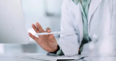 Lab, hands or scientist on computer with pen for research, new study or problem Stock Photos