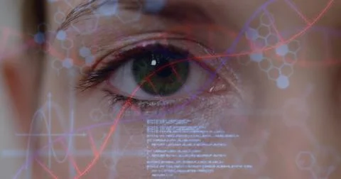 Lab interface projecting molecular hexagons onto adult female eye region, with Stock Photos