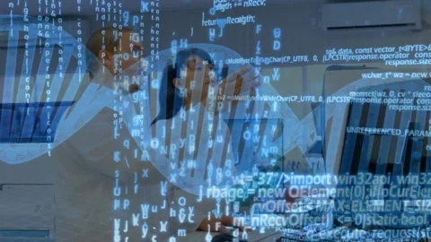 Lab pair clicking mouse while colleague entering pointing at monitor analyzing Stock Footage 330463258