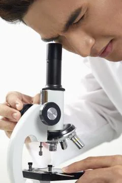 Lab personnel looking through a microscope Stock Photos