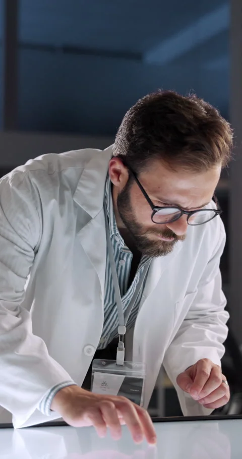 Lab, research and scientist with interactive display, man or analysis on website Video stock 306828520