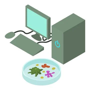 Lab research icon isometric vector. Computer and petri dish with microorganism Stockillustratie