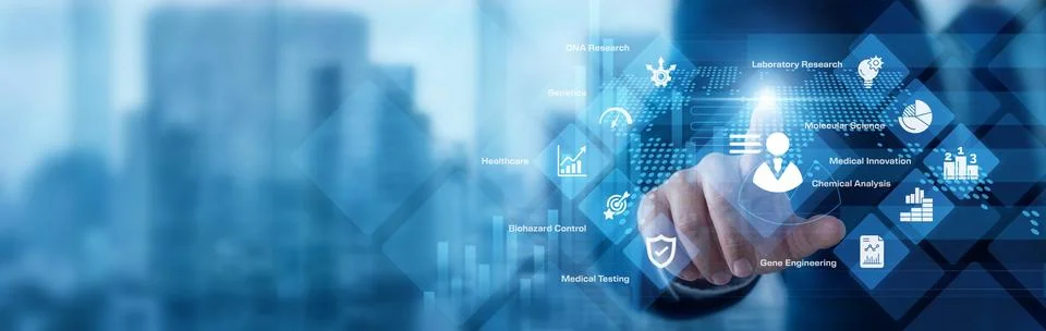 Lab researcher analyzing digital data pointing hand at Biotechnology system.. Stock Photos