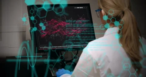 Lab researcher interacting screen as code refreshing analyzing red molecular Stock Footage 330427760