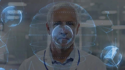Lab researcher observing, system activating blue holo globe over face, rotating, Stock Footage 330959681