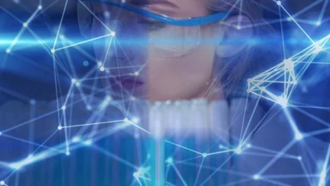 Lab researcher tracking sensor data, blue node network and scan sweeping frame Stock Footage 333720266