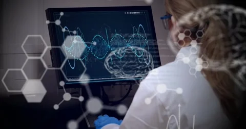 Lab researcher typing, displaying 3D brain and waveform with shifting hexagon Stock Footage 330563642