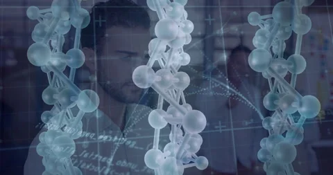 Lab researchers adjusting console dial, tapping tablet synchronizing molecular Stock Footage 311902156