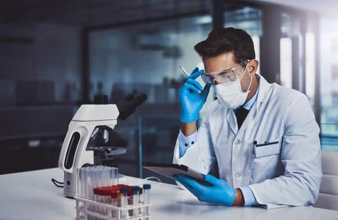 Lab, samples and man with tablet, scientific research and data collection for Stock Photos