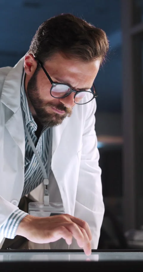 Lab, scientist and man with interactive display, research or analysis on website Video stock 306828429