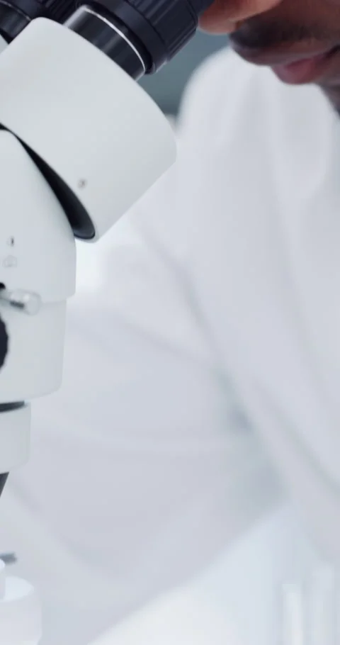 Lab, scientist and man with microscope, innovation and disease inspection with Stock Footage 336704423