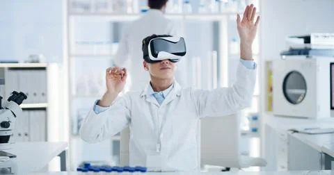 Lab, scientist and man with Vr glasses, vision and futuristic tech for medi.. Stock Photos