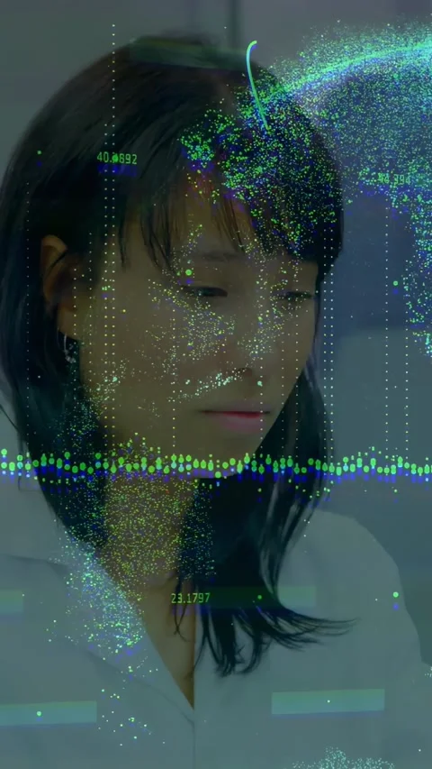 Lab scientist bringing pipette into view, pipetting while holographic data Stock Footage 332407884
