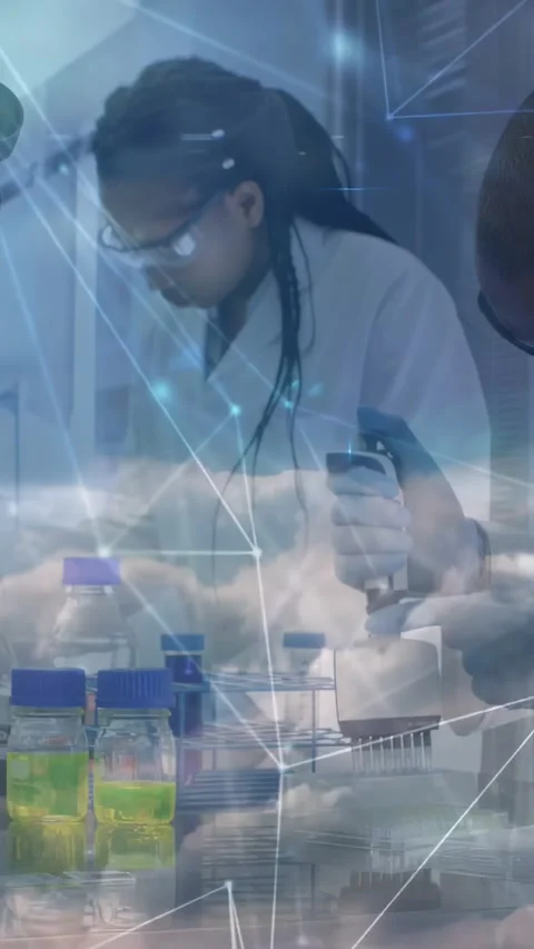 Lab scientist checking bench as male tech using pipette starting sample prep Stock Footage 330720337