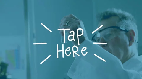 In lab, scientist examining sample with animation text overlaying Tap Here Stock Footage 304843204