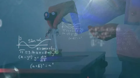 Lab scientist hands lowering clamp and adding drop to glowing flask, math Stock Footage 331712813