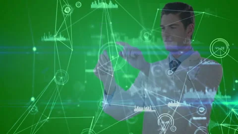 Lab scientist interacting with emerging 3D network tapping, swiping widgets for Stockbeeldmateriaal 311663367