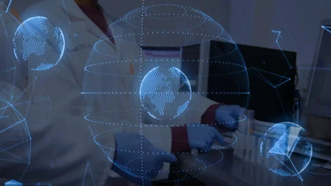 Lab scientist picking pipette and moving liquid while expanding data globes Stock Footage 309872450