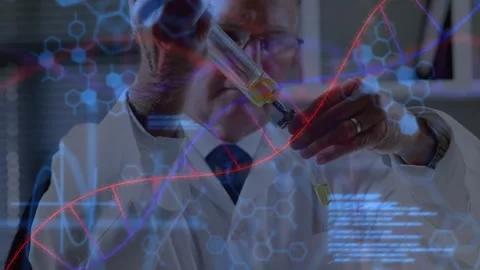 Lab scientist picking vial pipetting yellow liquid while DNA helix code updating Stock Footage 319800964