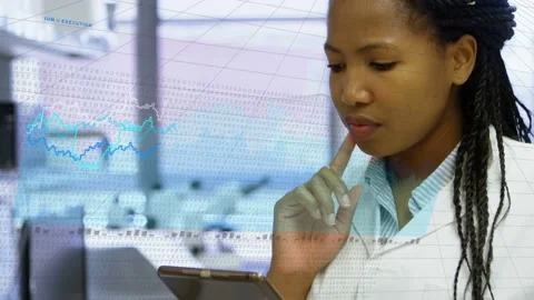 Lab scientist raising tablet, tapping and swiping, analyzing data, line charts Stock Footage 334466324