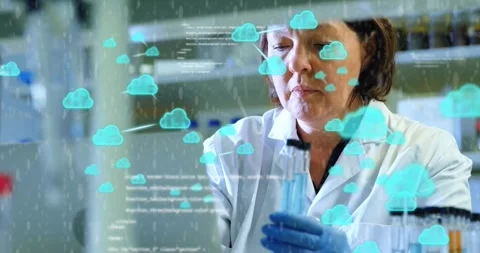 Lab scientist reacting to overlay, lifting and aligning test tubes while Stock Footage 331160765