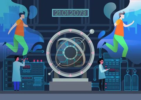 Lab with scientists and time machine Stock Illustration