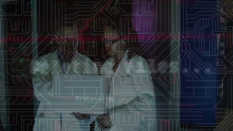 In lab, scientists in coats working with animation of circuit board pattern Stock Footage 304763618