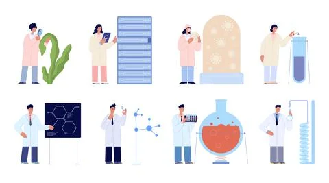 Lab scientists. Modern flat tech research girl, laboratory chemical science Stock Illustration
