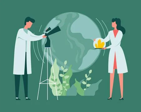 Lab scientists. People conduct experiment. Biology and geology research. Man Stock Illustration
