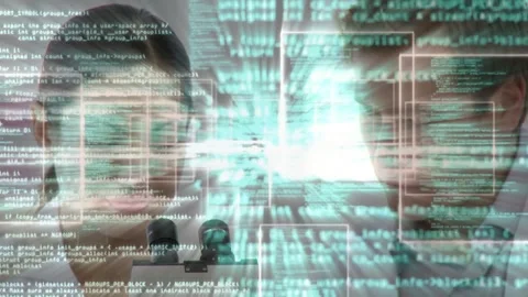 Lab scientists reacting to code overlay, adjusting microscope and analyzing Stock Footage 335235090