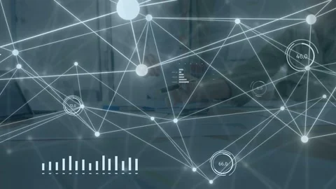 Lab staff sending data, driving data net over hands, showing nodes, gauges Stock Footage 335739689