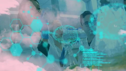 Lab team adjusting gloves while code overlay growing, rotating brain model and Stock Footage 309895243