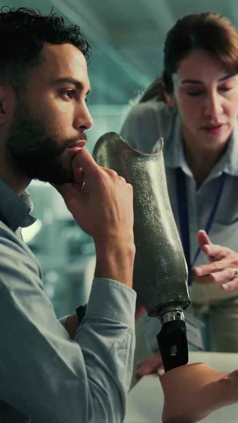 Lab, team and people with artificial limb for research, innovation and design Stock Footage 332917502