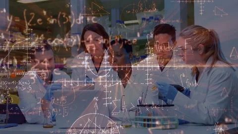 Lab team gathering at laptop as animated graphs displaying, reviewing data and Stock Footage 335235084