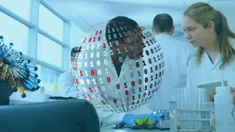 Lab team handling sample while tablet input starting expanding binary sphere Stock Footage 321783018