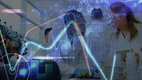 Lab team leaning over bench holding vial rack live data stream animating graphs Stock Footage 331276015