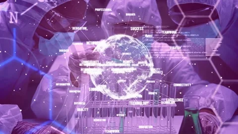 Lab team reaching rack handling samples summoning holo globe adding data tags Stock Footage 333733201