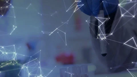 Lab tech aligning pipette tip, dispensing liquid into tubes while data overlay Stock Footage 309983696