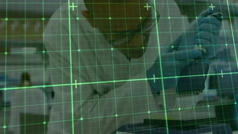 Lab tech following protocol, aligning blue pipette and pipetting plate wells, Stock Footage 331276110