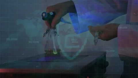 Lab tech gripping flask placing on hotplate to heat reagent pipette hovering DNA Stock Footage 332405175