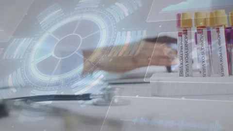 Lab tech hand reaching, hovering over MONKEYPOX tubes for diagnostics, waveform Stock Footage 332405580
