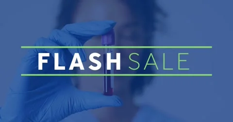 Lab tech holding purple-cap vial while green square popping, FLASH SALE sliding, Stock Footage 333733221