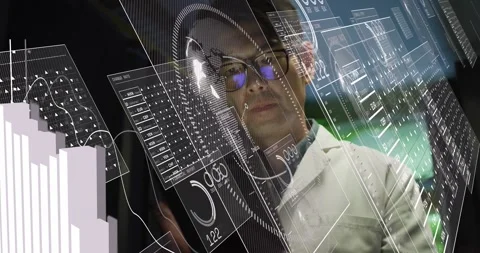 Lab tech holding tablet, studying data as floating analytics expanding and 3D Stock Footage 331227134